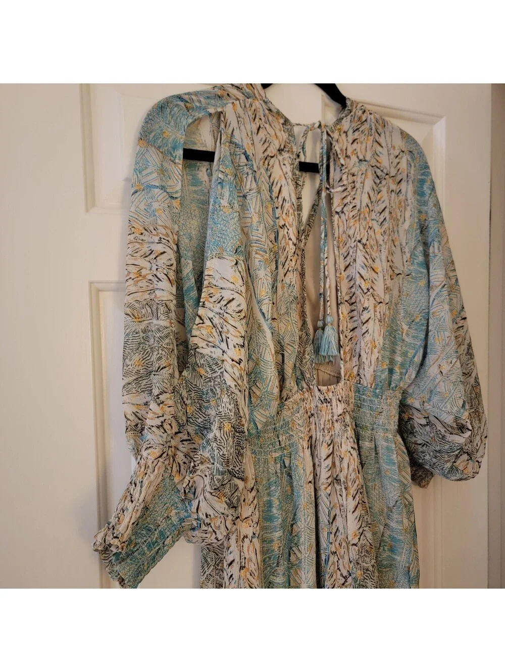 Lovestitch Boho Mini Dress Open Back Gold Foil Split Sleeve Smocked Blue M